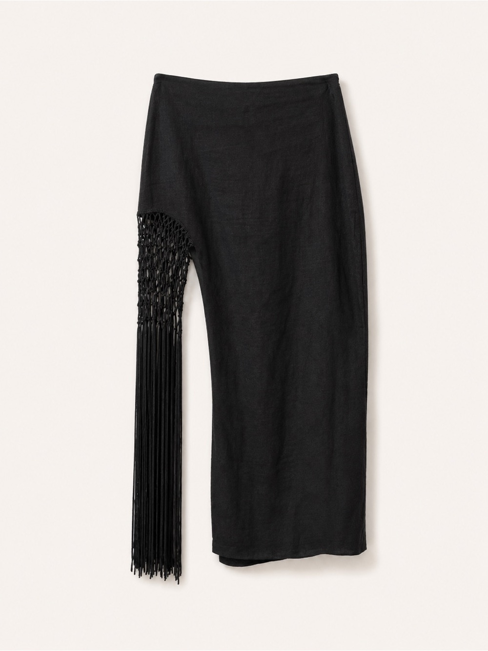 Zara Linen Black Asymmetric Fringe Midi Skirt